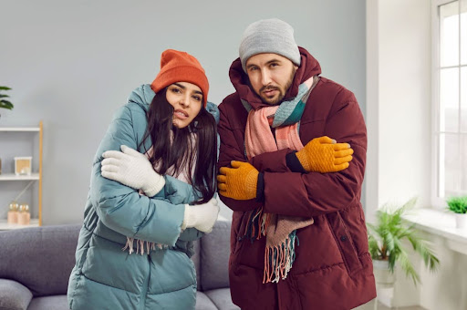 A man and woman, who are dressed in winter coats, hats, and gloves, shivering in a home.